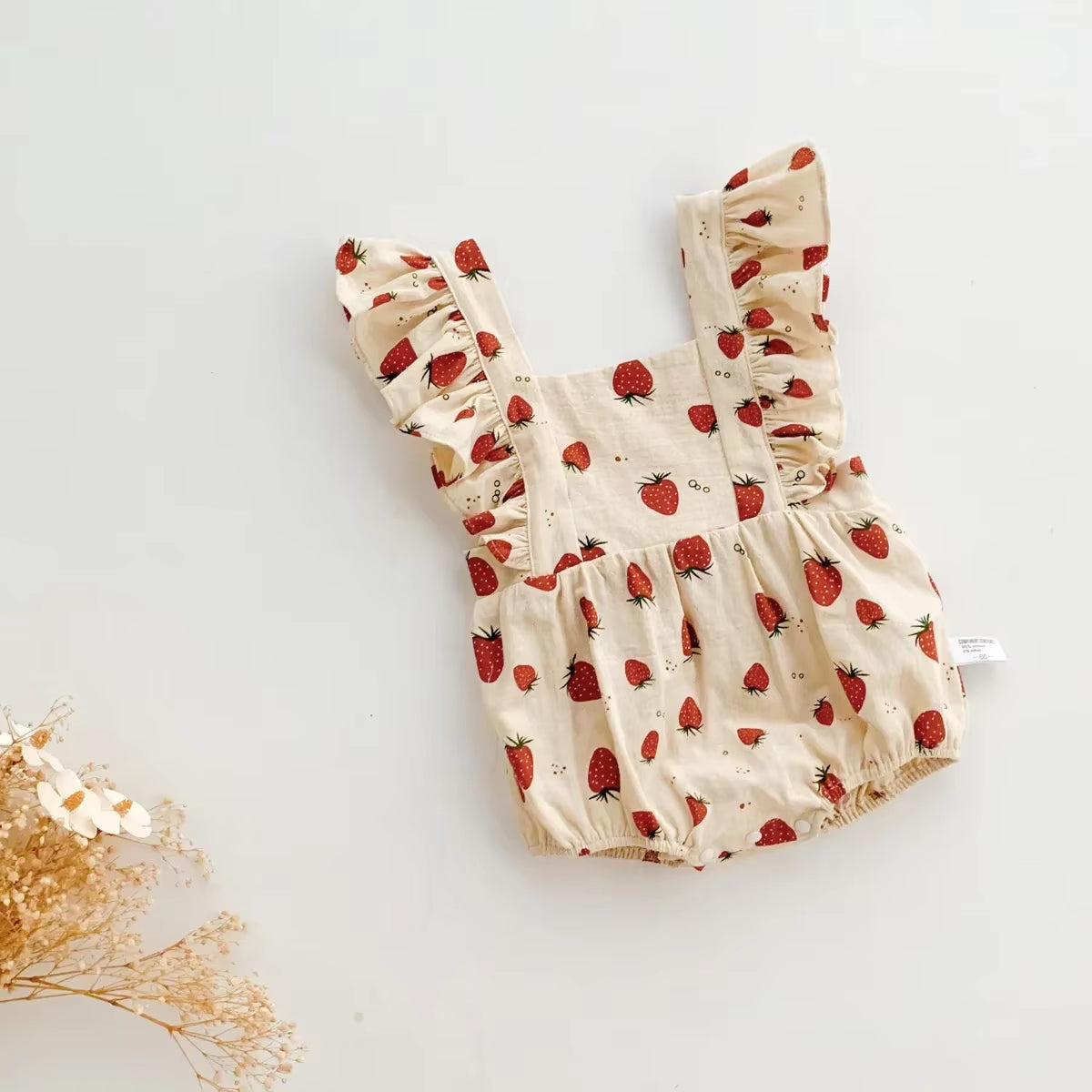 Berry Belle – Strawberry Print Ruffle Cotton Romper for Baby Girls