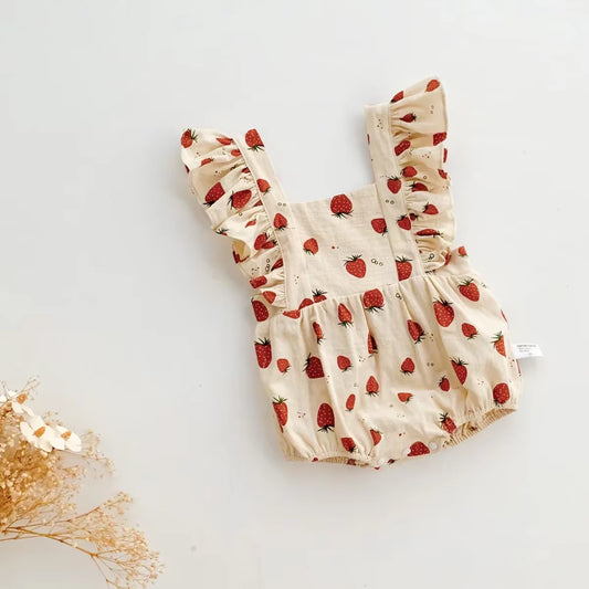 Berry Belle – Strawberry Print Ruffle Cotton Romper for Baby Girls