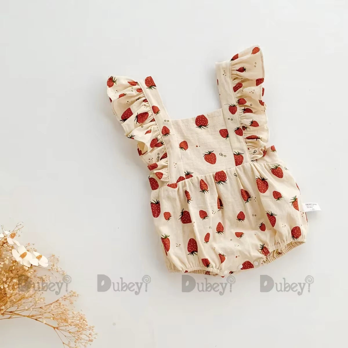Berry Belle – Strawberry Print Ruffle Cotton Romper for Baby Girls