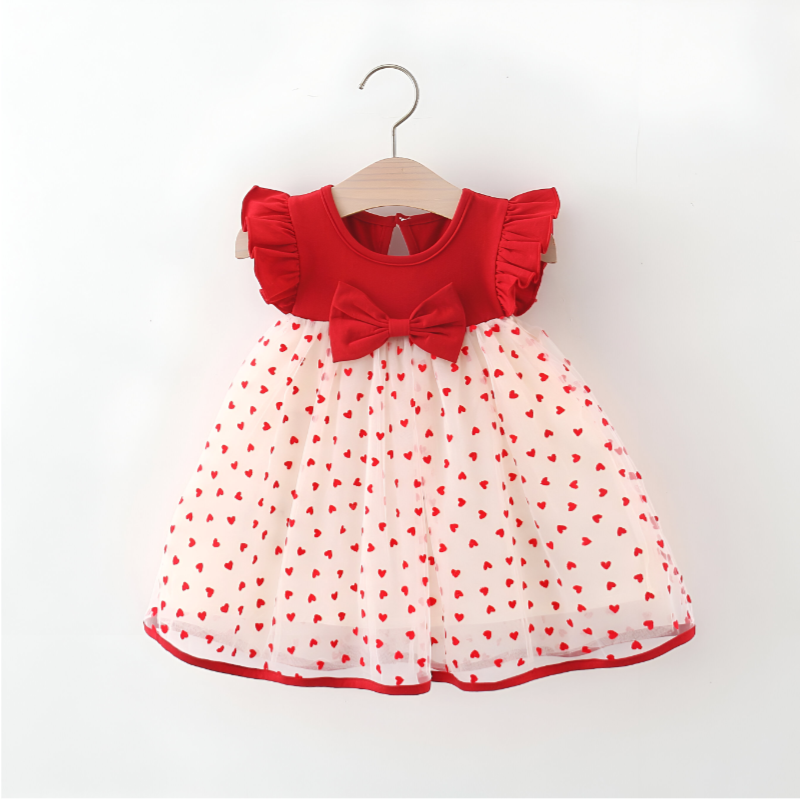 HeartGlow – Red Mesh Tutu Dress with Embroidered Hearts & Bow for Baby Girls